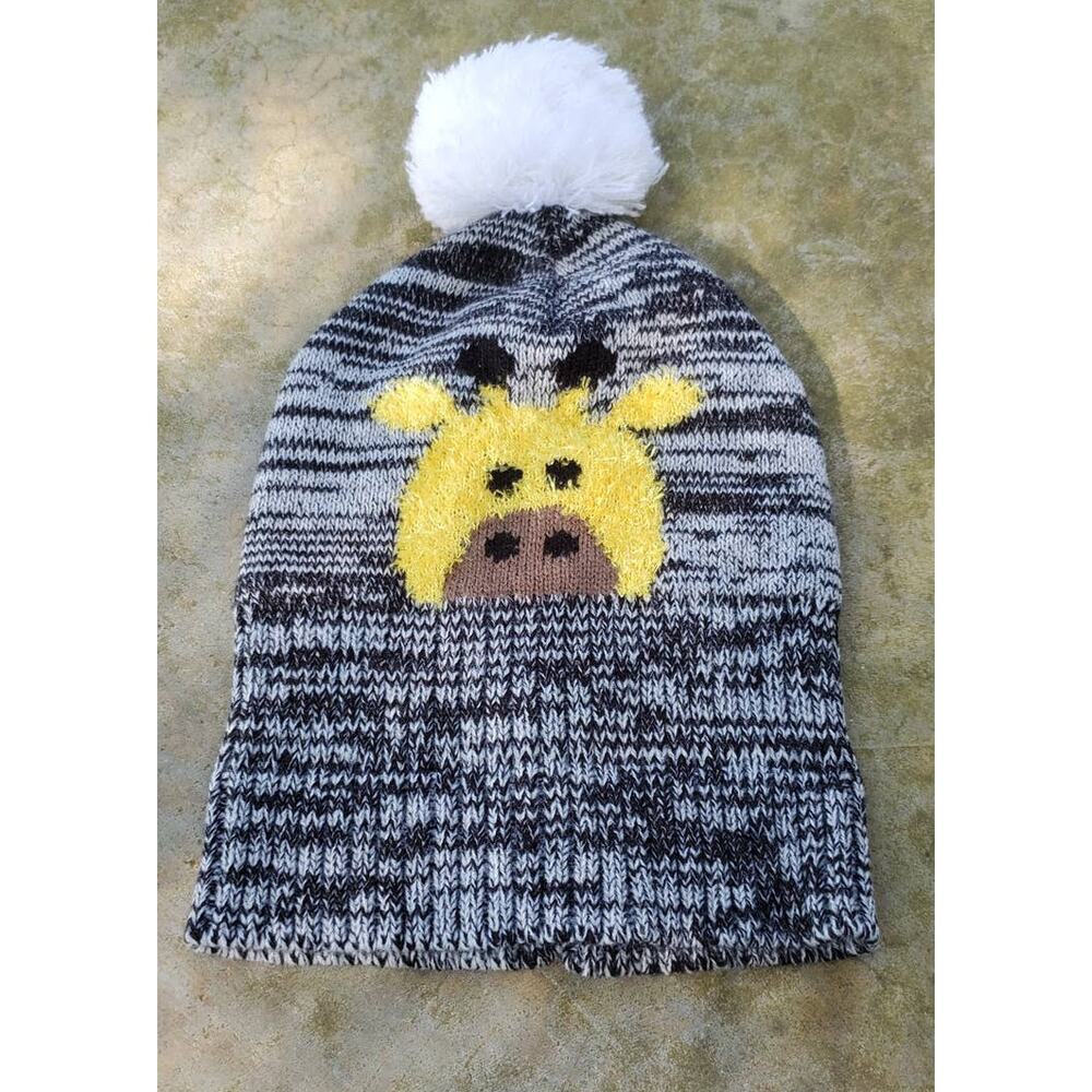 Fuzzy giraffe pompom hat black gray marl one size